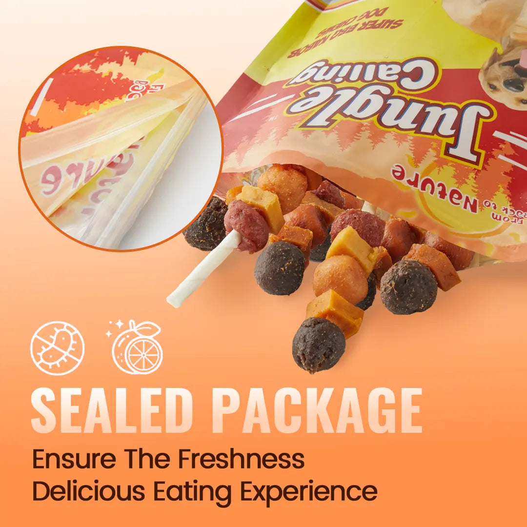 「Buy 1 Get 1 Free」Jungle Calling Chicken, Duck, Beef, Sweet Potato & Pumpkin Kabob Dog Treats, Multi-Flavor Dog Chews, Rawhide Sticks, Chew Sticks, Kabob Treats, Pet Snacks, Reward Treats, Training Treats, Dog Snack Sticks,