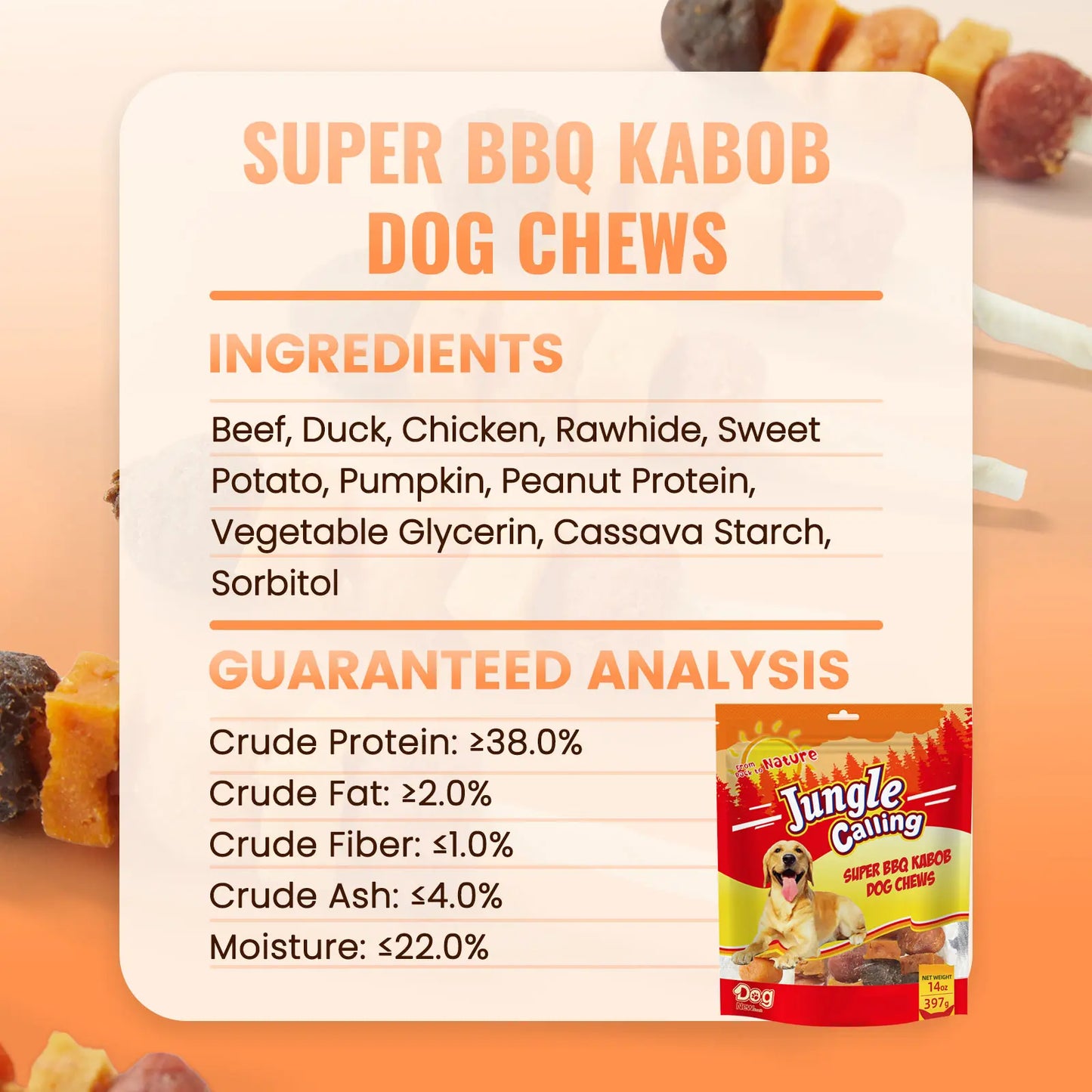 「Buy 1 Get 1 Free」Jungle Calling Chicken, Duck, Beef, Sweet Potato & Pumpkin Kabob Dog Treats, Multi-Flavor Dog Chews, Rawhide Sticks, Chew Sticks, Kabob Treats, Pet Snacks, Reward Treats, Training Treats, Dog Snack Sticks,