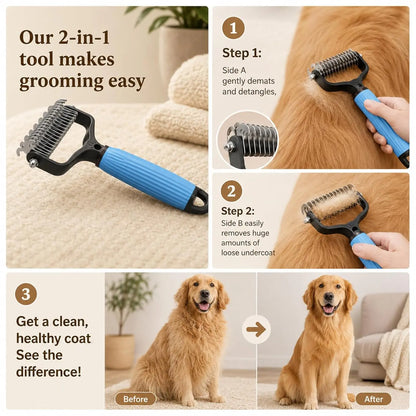 Dual-Sides Stainless Steel Slicker Brush & Undercoat Rake, Pet Grooming Tool for Cats & Dogs with Thick/Long Hair, Demats Tangles, Removes Loose Fur, Reduces Shedding