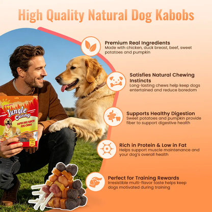 「Buy 1 Get 1 Free」Jungle Calling Chicken, Duck, Beef, Sweet Potato & Pumpkin Kabob Dog Treats, Multi-Flavor Dog Chews, Rawhide Sticks, Chew Sticks, Kabob Treats, Pet Snacks, Reward Treats, Training Treats, Dog Snack Sticks,