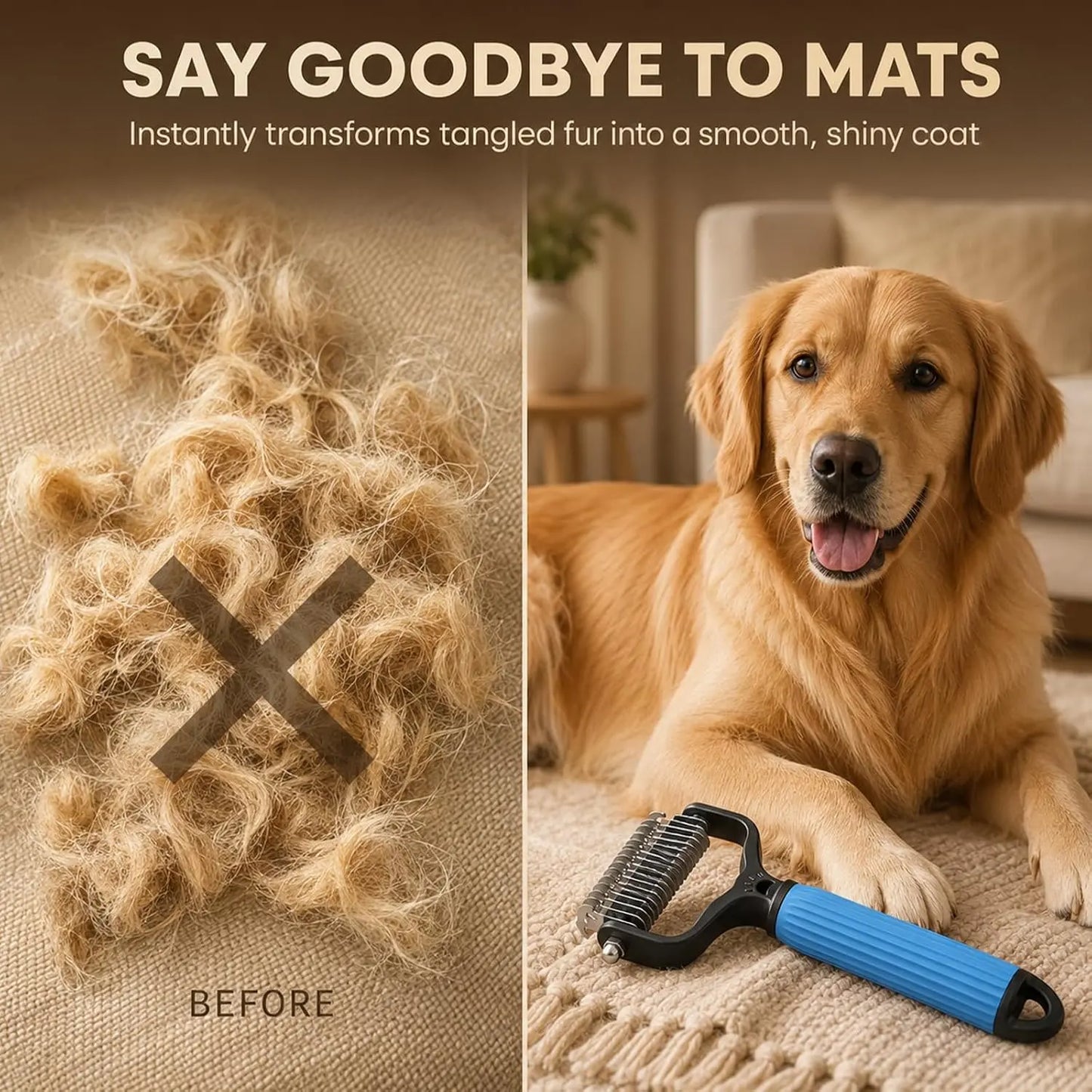 Dual-Sides Stainless Steel Slicker Brush & Undercoat Rake, Pet Grooming Tool for Cats & Dogs with Thick/Long Hair, Demats Tangles, Removes Loose Fur, Reduces Shedding