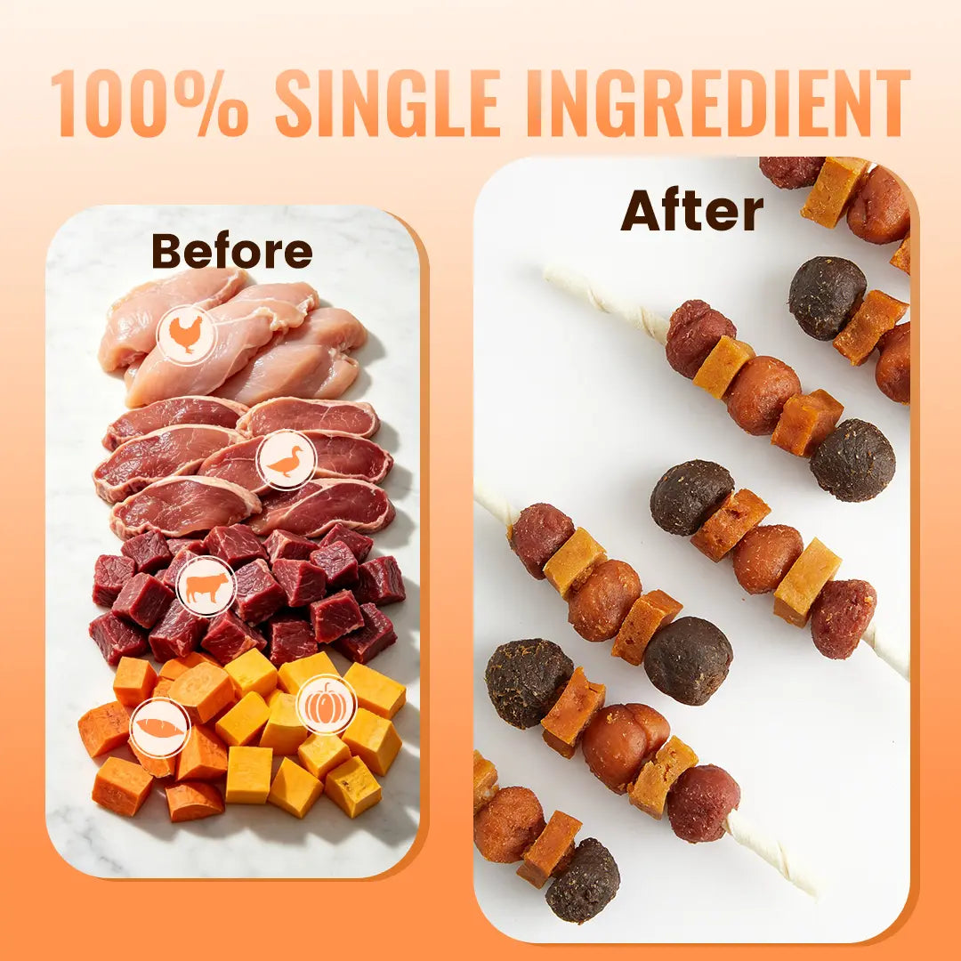 「Buy 1 Get 1 Free」Jungle Calling Chicken, Duck, Beef, Sweet Potato & Pumpkin Kabob Dog Treats, Multi-Flavor Dog Chews, Rawhide Sticks, Chew Sticks, Kabob Treats, Pet Snacks, Reward Treats, Training Treats, Dog Snack Sticks,