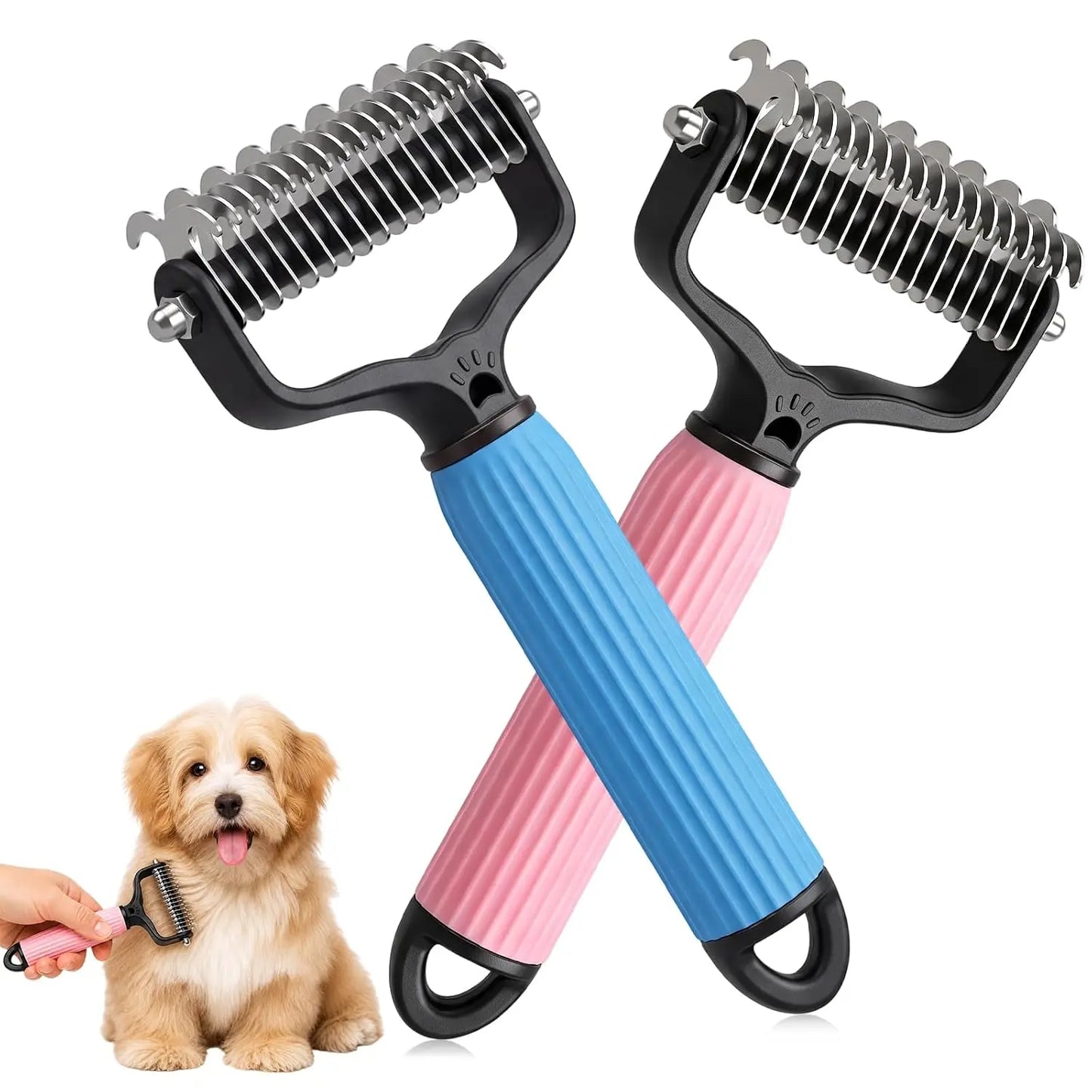 Dual-Sides Stainless Steel Slicker Brush & Undercoat Rake, Pet Grooming Tool for Cats & Dogs with Thick/Long Hair, Demats Tangles, Removes Loose Fur, Reduces Shedding