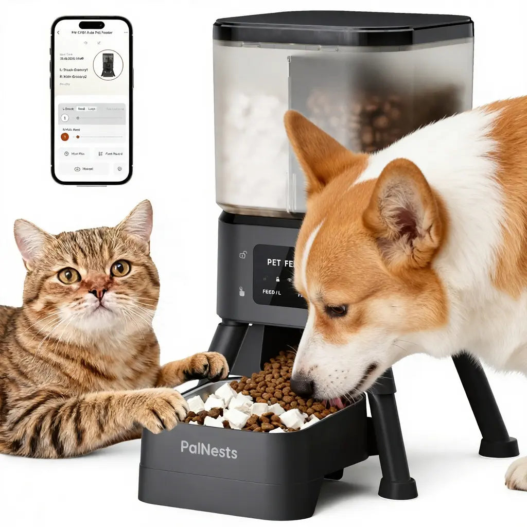 Palnests Dual-Cavity Smart Automatic Pet Feeder, 4L Dry Food Dispenser with Stainless Steel Bowls, 2.4Ghz & 5Ghz Wifi Sync, Airtight Fresh Lock, App Control, Personalized Feeding Plans, Dual Power Backup, Low Food Alerts for Cats & Small/Medium Dogs