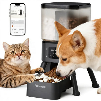 Palnests Dual-Cavity Smart Automatic Pet Feeder, 4L Dry Food Dispenser with Stainless Steel Bowls, 2.4Ghz & 5Ghz Wifi Sync, Airtight Fresh Lock, App Control, Personalized Feeding Plans, Dual Power Backup, Low Food Alerts for Cats & Small/Medium Dogs