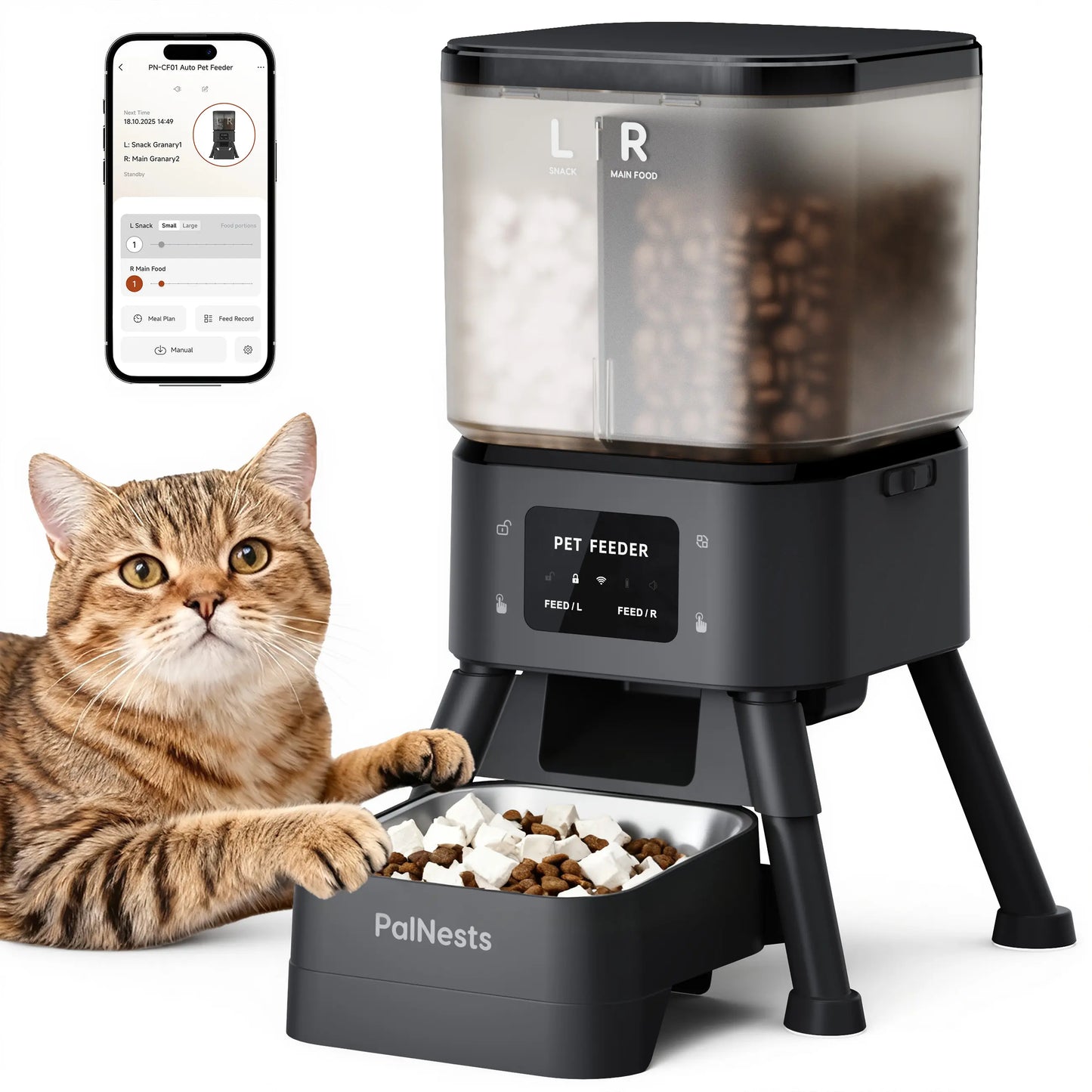 Palnests Dual-Cavity Smart Automatic Pet Feeder, 4L Dry Food Dispenser with Stainless Steel Bowls, 2.4Ghz & 5Ghz Wifi Sync, Airtight Fresh Lock, App Control, Personalized Feeding Plans, Dual Power Backup, Low Food Alerts for Cats & Small/Medium Dogs