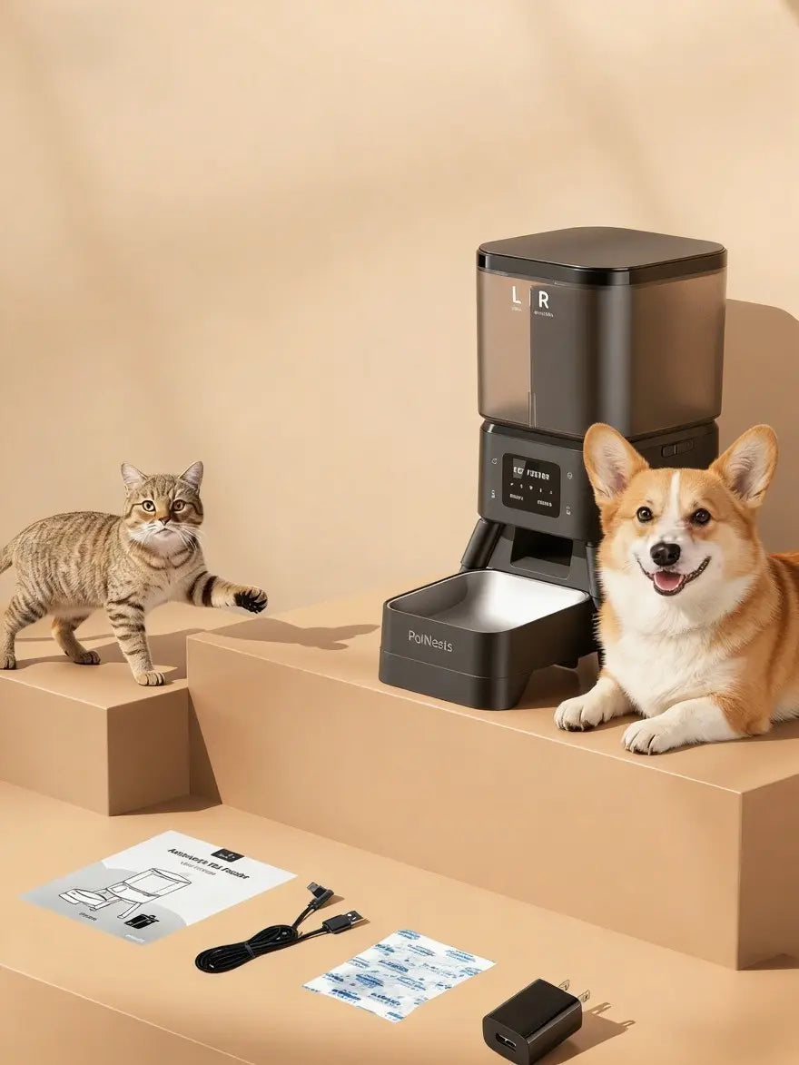 Palnests Dual-Cavity Smart Automatic Pet Feeder, 4L Dry Food Dispenser with Stainless Steel Bowls, 2.4Ghz & 5Ghz Wifi Sync, Airtight Fresh Lock, App Control, Personalized Feeding Plans, Dual Power Backup, Low Food Alerts for Cats & Small/Medium Dogs