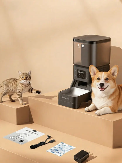 Palnests Dual-Cavity Smart Automatic Pet Feeder, 4L Dry Food Dispenser with Stainless Steel Bowls, 2.4Ghz & 5Ghz Wifi Sync, Airtight Fresh Lock, App Control, Personalized Feeding Plans, Dual Power Backup, Low Food Alerts for Cats & Small/Medium Dogs